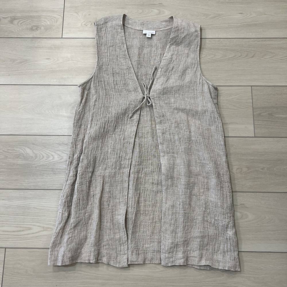 Pure Jill J.Jill Beige Linen Top Women's Tie Open Front Sleeveless Cardigan Sz L